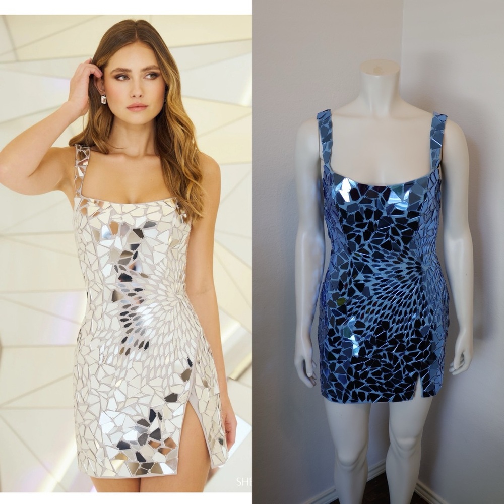 Sherri Hill cut glass mirror mini scuba dress sz 8 blue Prom